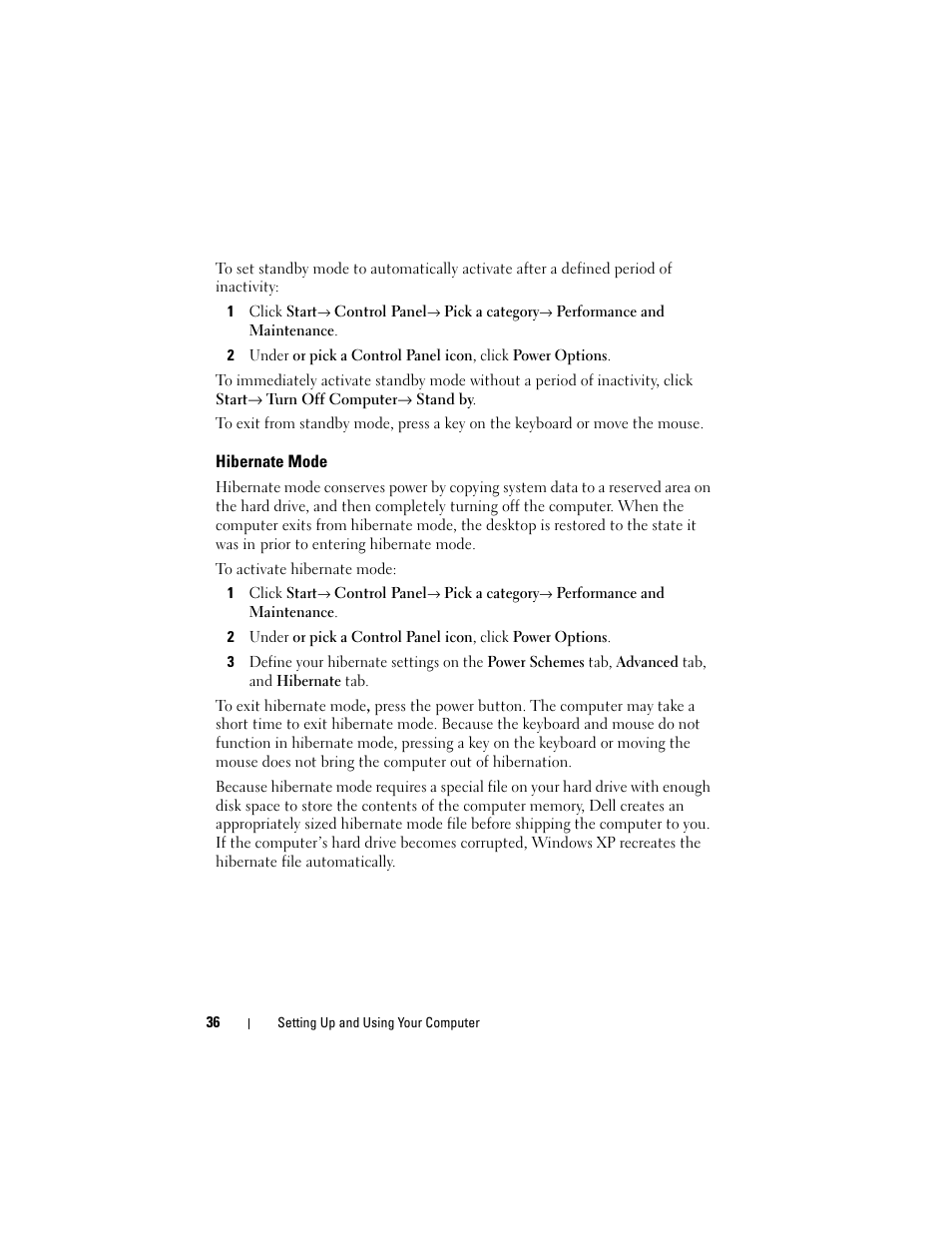 Hibernate mode | Dell Vostro 400 (Mid 2007) User Manual | Page 36 / 214