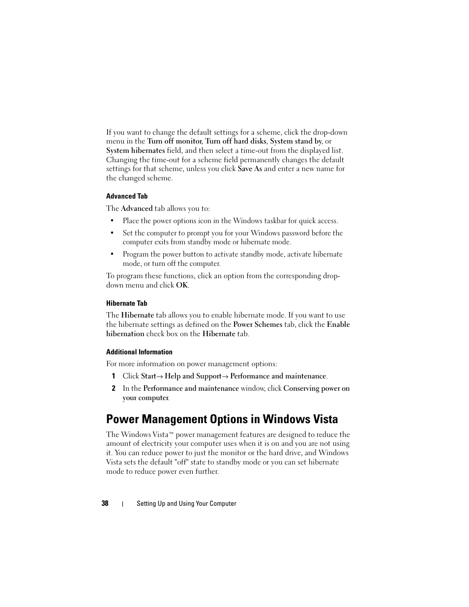 Power management options in windows vista, Advanced, Wer schemes tab, advanced | Dell Vostro 400 (Mid 2007) User Manual | Page 38 / 214