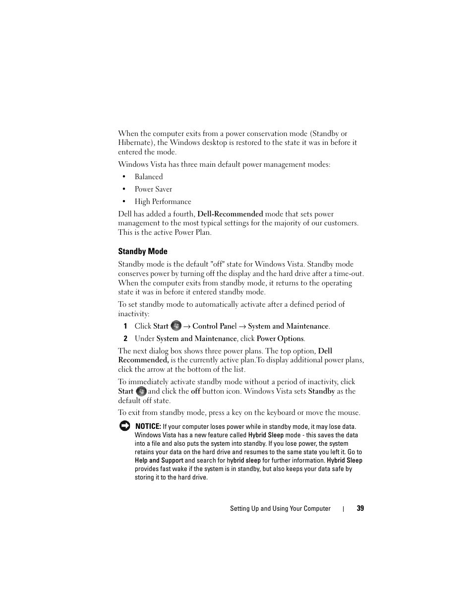 Standby mode | Dell Vostro 400 (Mid 2007) User Manual | Page 39 / 214