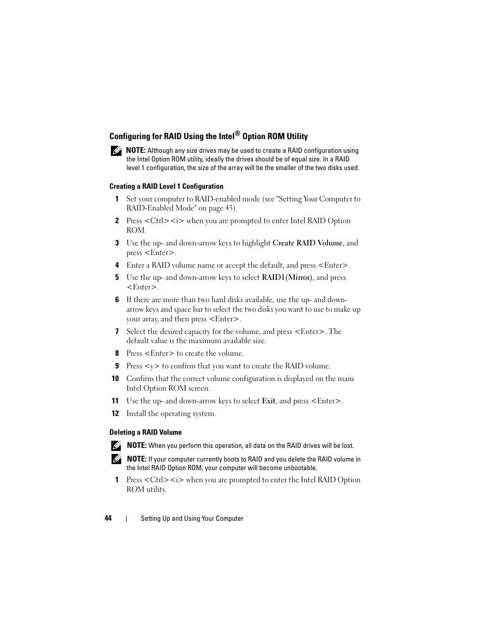 Configuring for raid using the intel | Dell Vostro 400 (Mid 2007) User Manual | Page 44 / 214