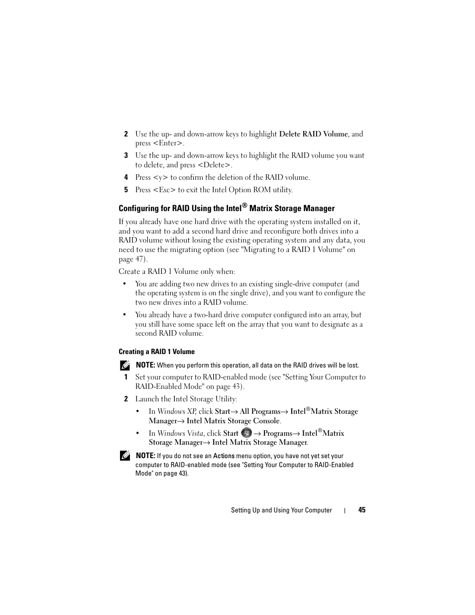 Configuring for raid using the intel | Dell Vostro 400 (Mid 2007) User Manual | Page 45 / 214