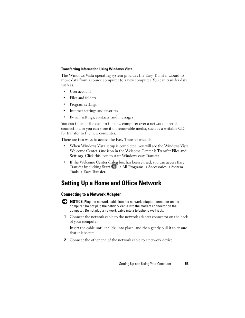 Setting up a home and office network, Connecting to a network adapter | Dell Vostro 400 (Mid 2007) User Manual | Page 53 / 214