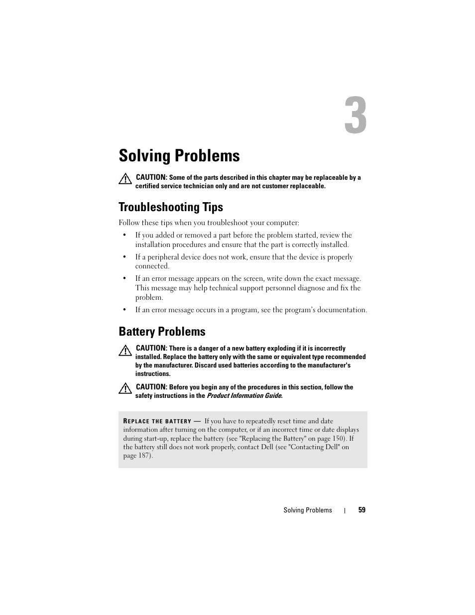 Solving problems, Troubleshooting tips, Battery problems | Dell Vostro 400 (Mid 2007) User Manual | Page 59 / 214