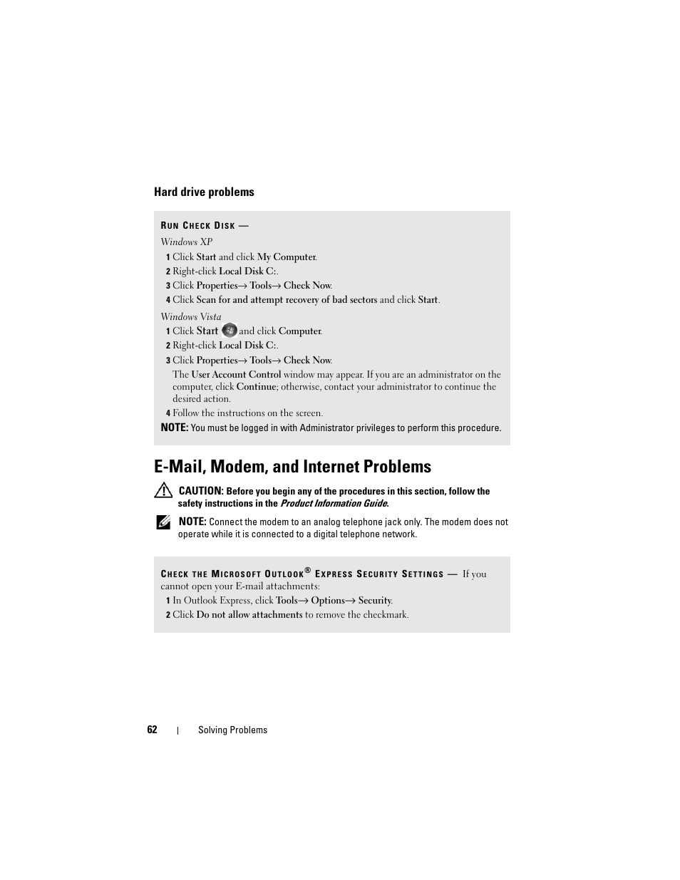 Hard drive problems, E-mail, modem, and internet problems | Dell Vostro 400 (Mid 2007) User Manual | Page 62 / 214