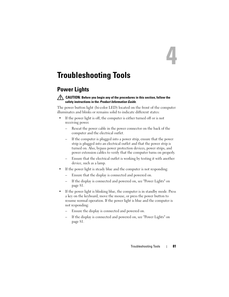 Troubleshooting tools, Power lights | Dell Vostro 400 (Mid 2007) User Manual | Page 81 / 214