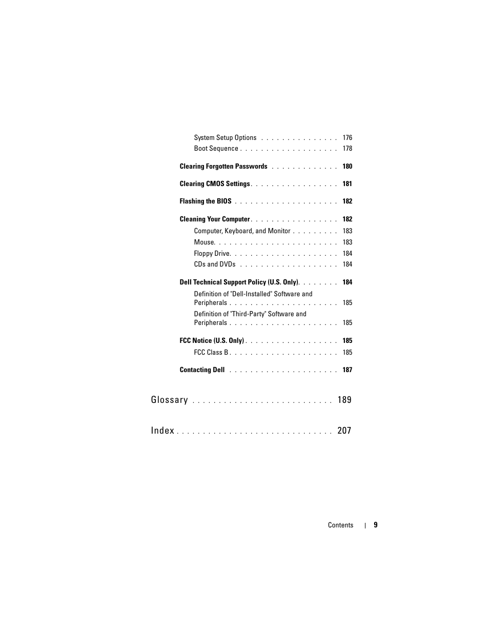 Glossary, 189 index | Dell Vostro 400 (Mid 2007) User Manual | Page 9 / 214