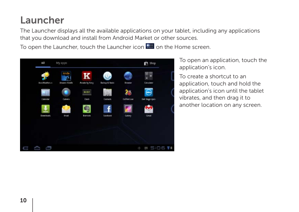 Launcher | Dell Mobile Streak 7 Wifi Only User Manual | Page 12 / 18