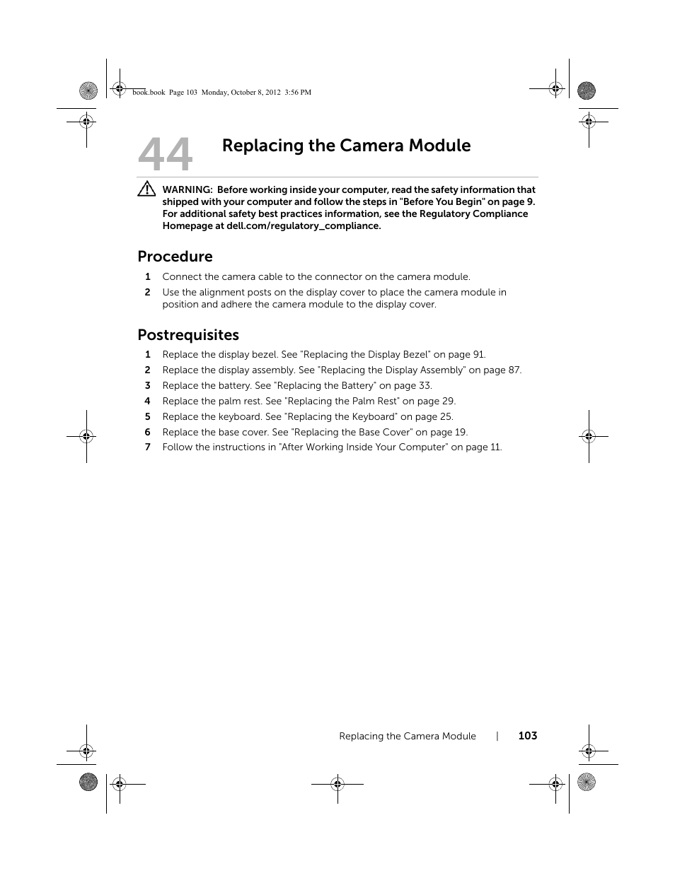 Replacing the camera module, Procedure, Postrequisites | Dell Inspiron 13z (5323, Mid 2012) User Manual | Page 103 / 106