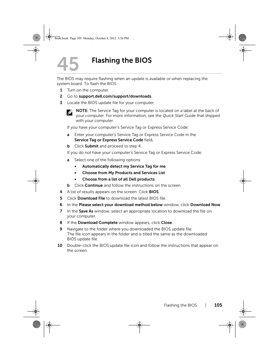 Flashing the bios | Dell Inspiron 13z (5323, Mid 2012) User Manual | Page 105 / 106