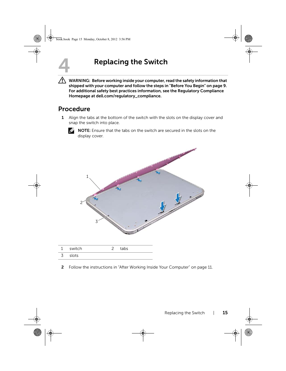 Replacing the switch, Procedure | Dell Inspiron 13z (5323, Mid 2012) User Manual | Page 15 / 106