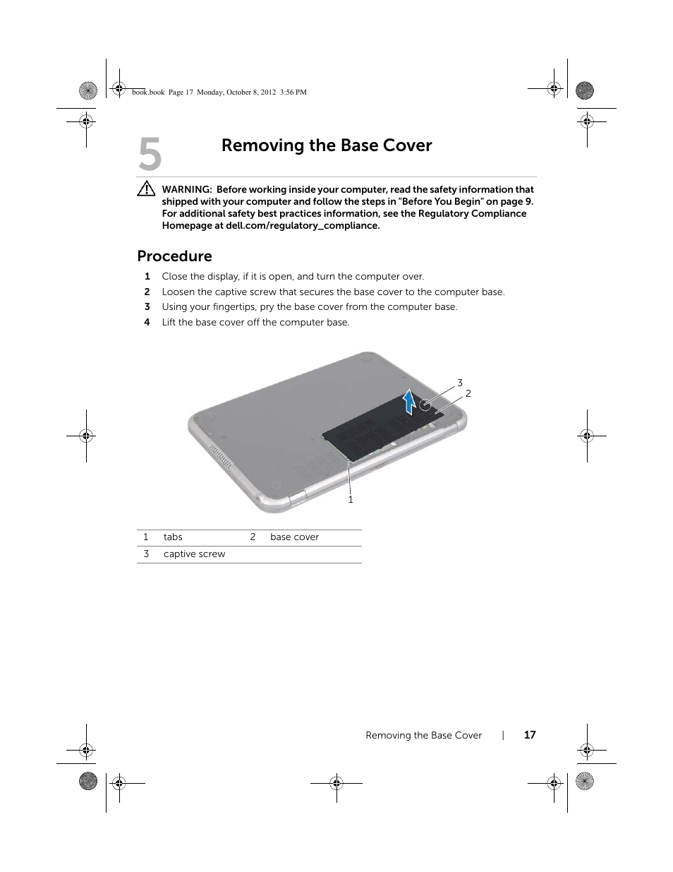 Removing the base cover, Procedure | Dell Inspiron 13z (5323, Mid 2012) User Manual | Page 17 / 106