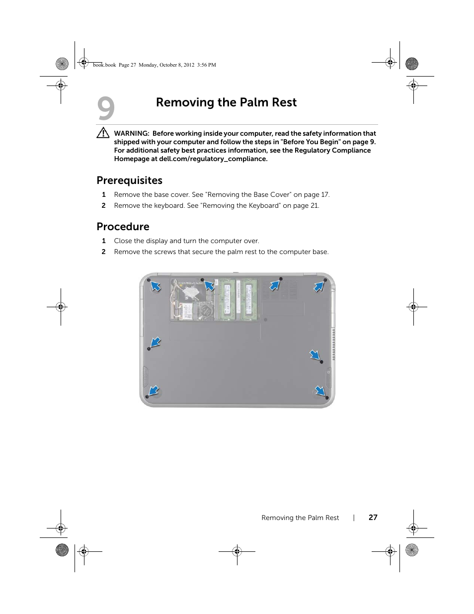 Removing the palm rest, Prerequisites, Procedure | Dell Inspiron 13z (5323, Mid 2012) User Manual | Page 27 / 106