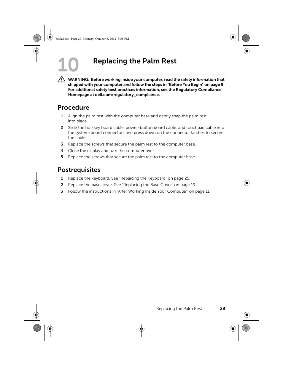 Replacing the palm rest, Procedure, Postrequisites | Dell Inspiron 13z (5323, Mid 2012) User Manual | Page 29 / 106