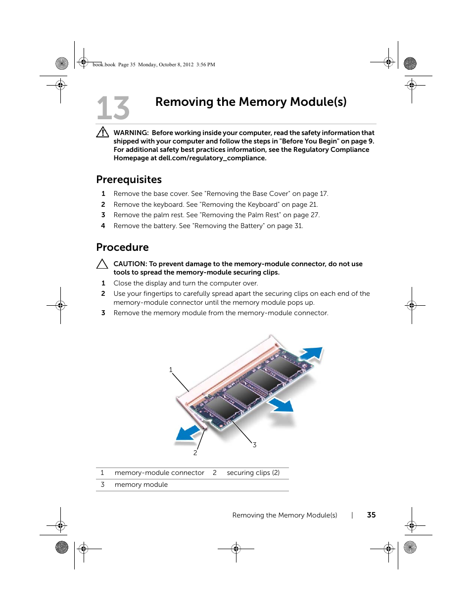 Removing the memory module(s), Prerequisites, Procedure | Dell Inspiron 13z (5323, Mid 2012) User Manual | Page 35 / 106