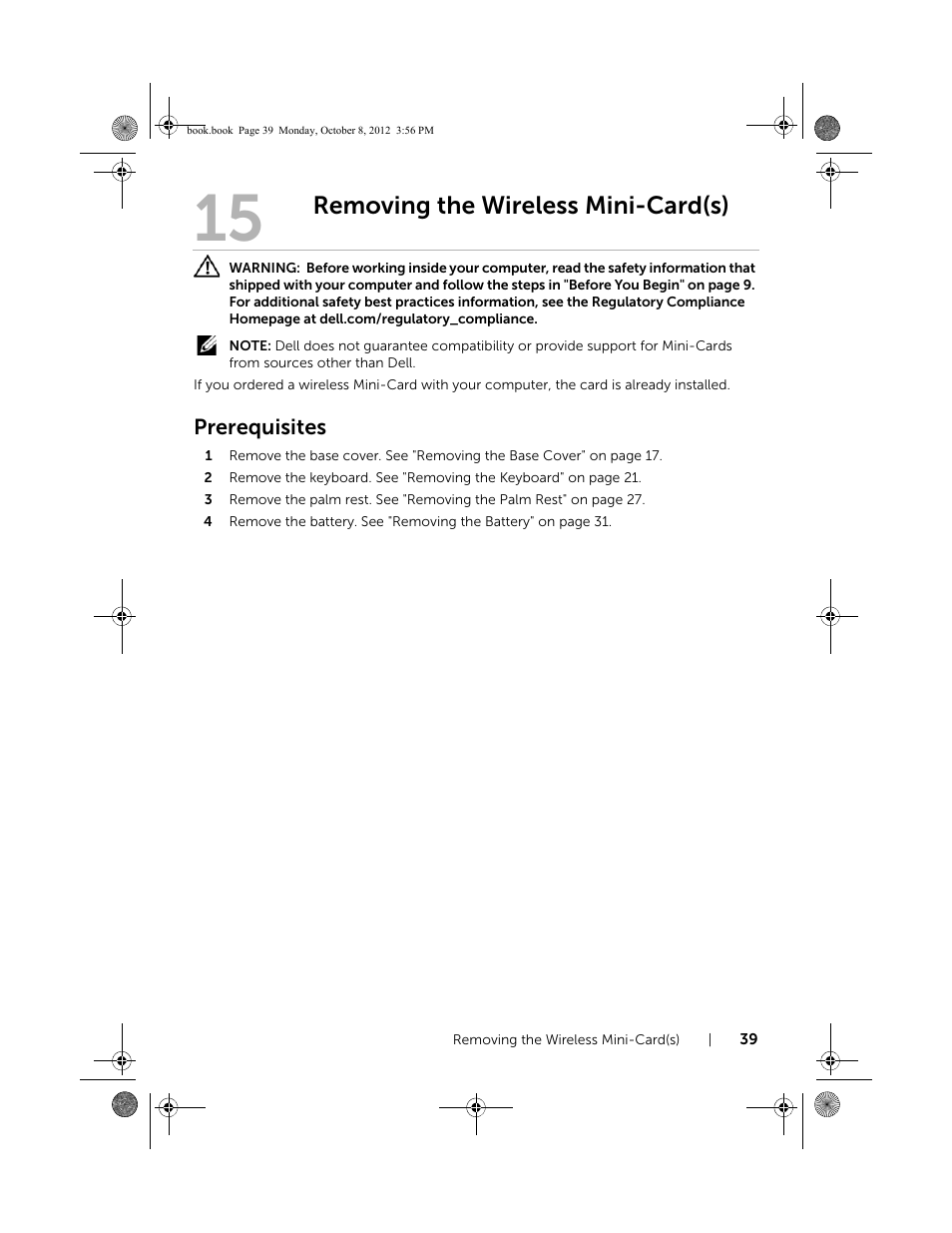 Removing the wireless mini-card(s), Prerequisites | Dell Inspiron 13z (5323, Mid 2012) User Manual | Page 39 / 106