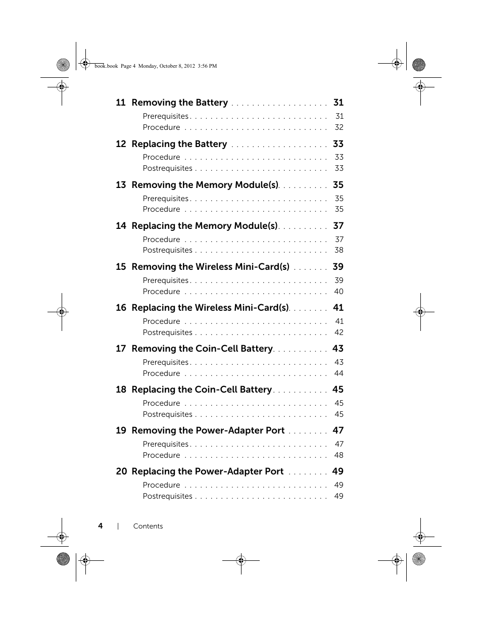 11 removing the battery, 12 replacing the battery, 15 removing the wireless mini-card(s) | 16 replacing the wireless mini-card(s), 17 removing the coin-cell battery, 18 replacing the coin-cell battery, 19 removing the power-adapter port, 20 replacing the power-adapter port | Dell Inspiron 13z (5323, Mid 2012) User Manual | Page 4 / 106