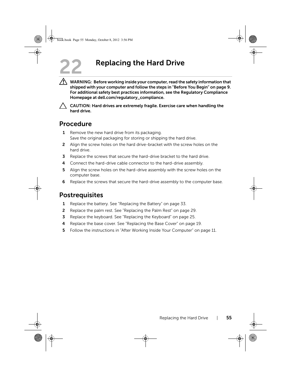 Replacing the hard drive, Procedure, Postrequisites | Dell Inspiron 13z (5323, Mid 2012) User Manual | Page 55 / 106