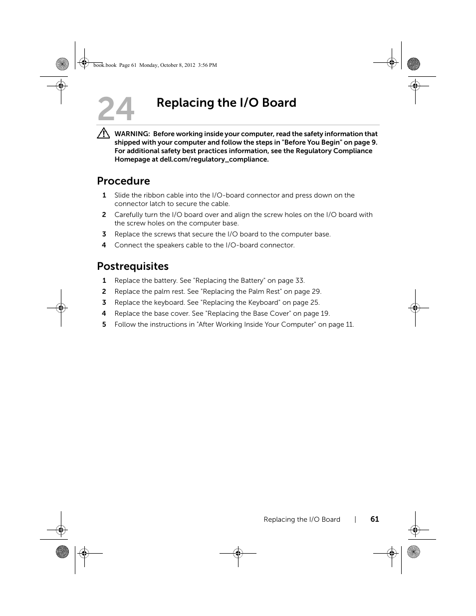 Replacing the i/o board, Procedure, Postrequisites | Dell Inspiron 13z (5323, Mid 2012) User Manual | Page 61 / 106