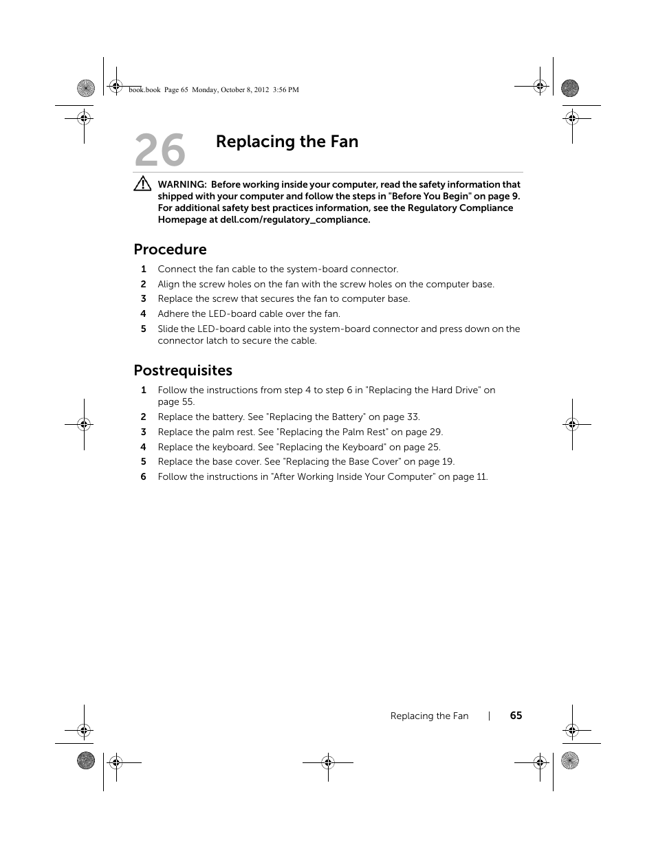 Replacing the fan, Procedure, Postrequisites | Dell Inspiron 13z (5323, Mid 2012) User Manual | Page 65 / 106