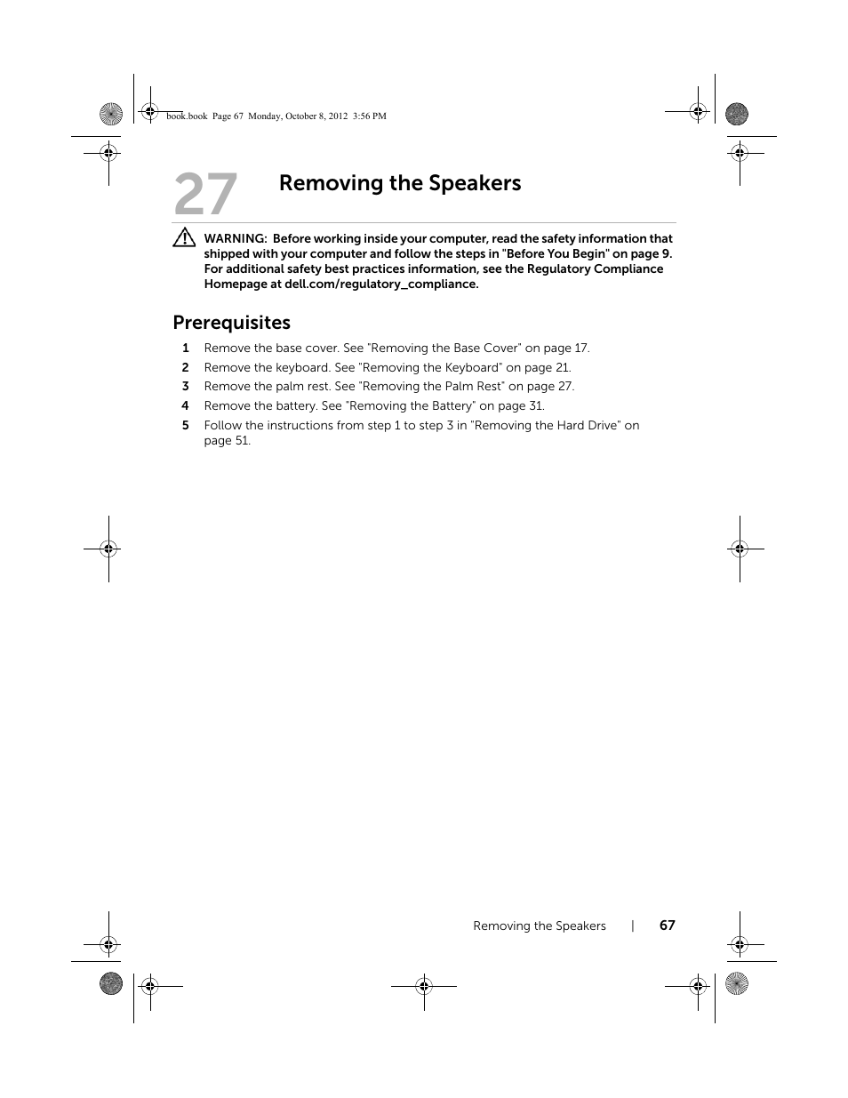 Removing the speakers, Prerequisites | Dell Inspiron 13z (5323, Mid 2012) User Manual | Page 67 / 106