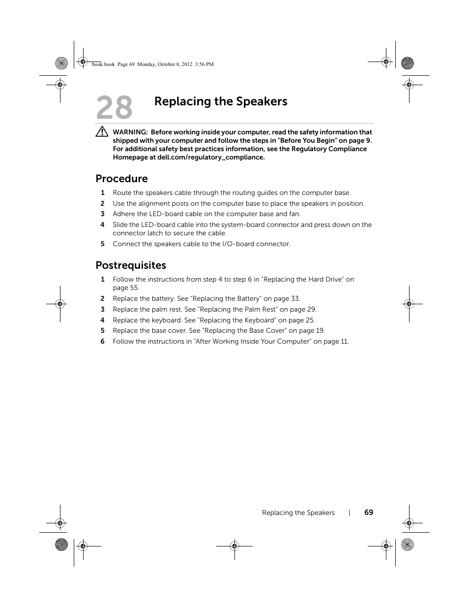 Replacing the speakers, Procedure, Postrequisites | Dell Inspiron 13z (5323, Mid 2012) User Manual | Page 69 / 106