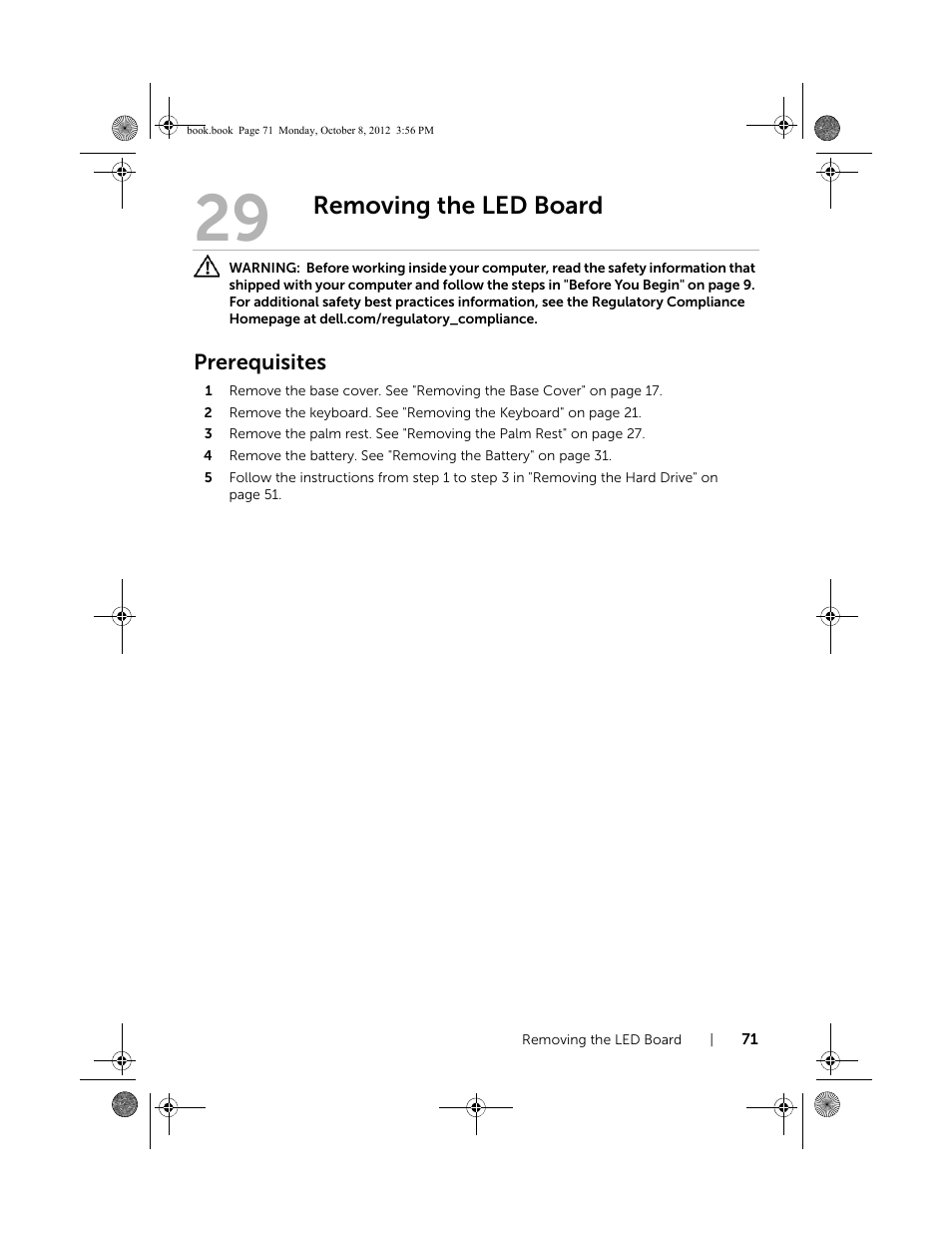 Removing the led board, Prerequisites | Dell Inspiron 13z (5323, Mid 2012) User Manual | Page 71 / 106