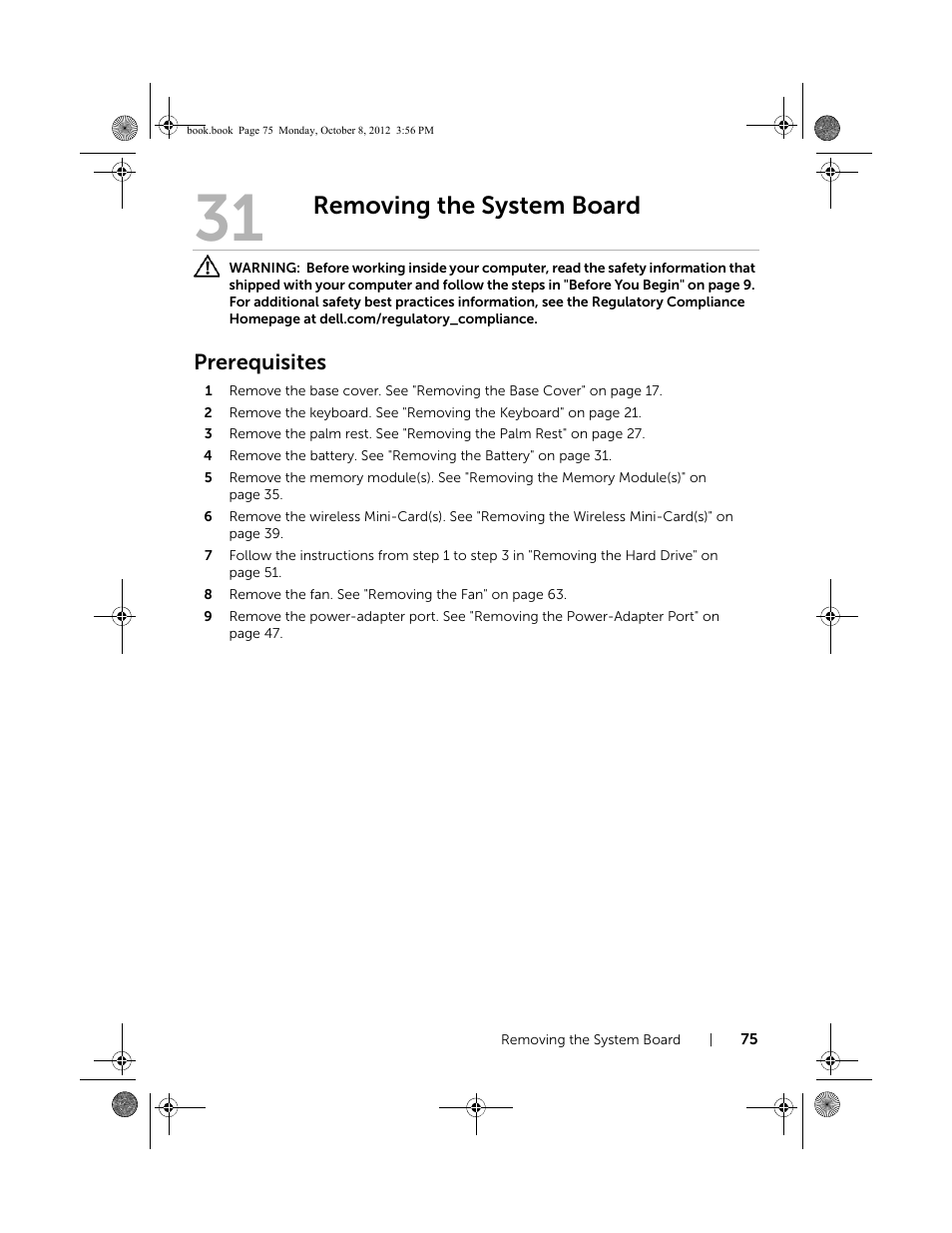 Removing the system board, Prerequisites | Dell Inspiron 13z (5323, Mid 2012) User Manual | Page 75 / 106