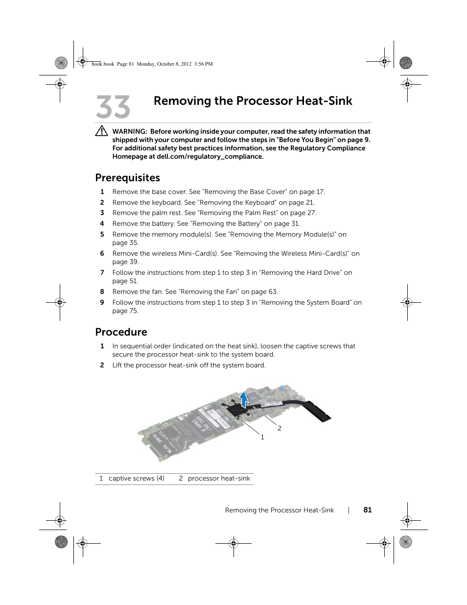 Removing the processor heat-sink, Prerequisites, Procedure | Dell Inspiron 13z (5323, Mid 2012) User Manual | Page 81 / 106