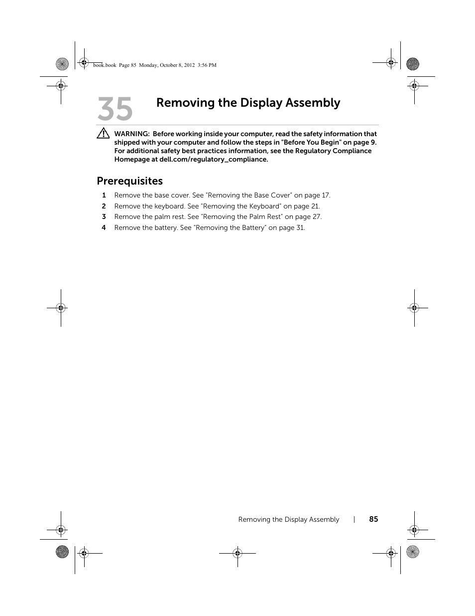 Removing the display assembly, Prerequisites | Dell Inspiron 13z (5323, Mid 2012) User Manual | Page 85 / 106