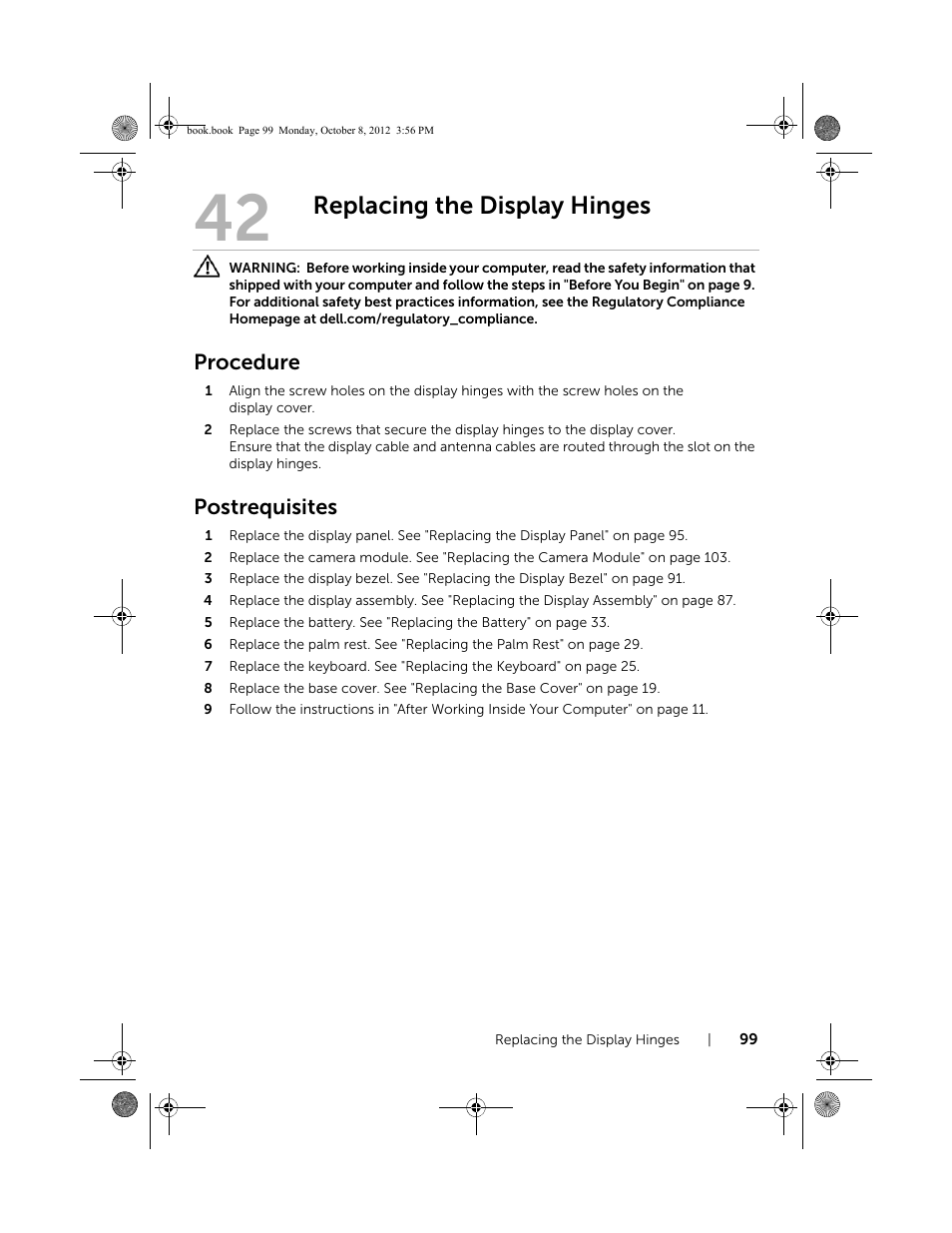 Replacing the display hinges, Procedure, Postrequisites | Dell Inspiron 13z (5323, Mid 2012) User Manual | Page 99 / 106