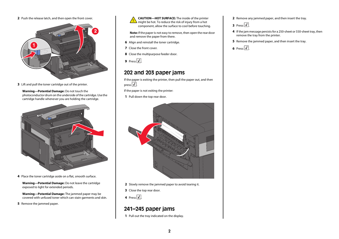 202 and 203 paper jams, 241–245 paper jams | Dell 5230dn Mono Laser Printer User Manual | Page 2 / 2