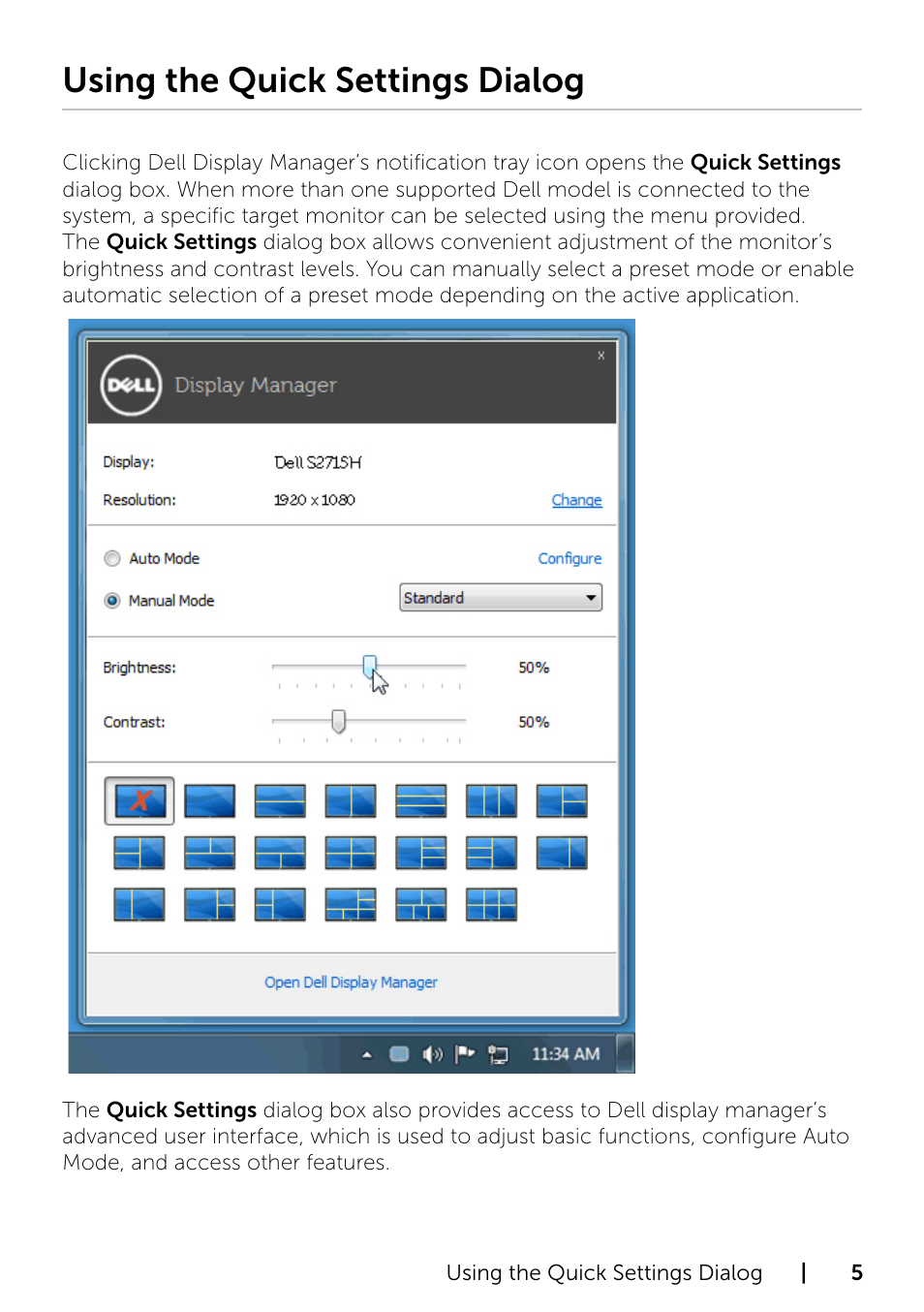 Using the quick settings dialog | Dell S2715H Monitor User Manual | Page 5 / 10