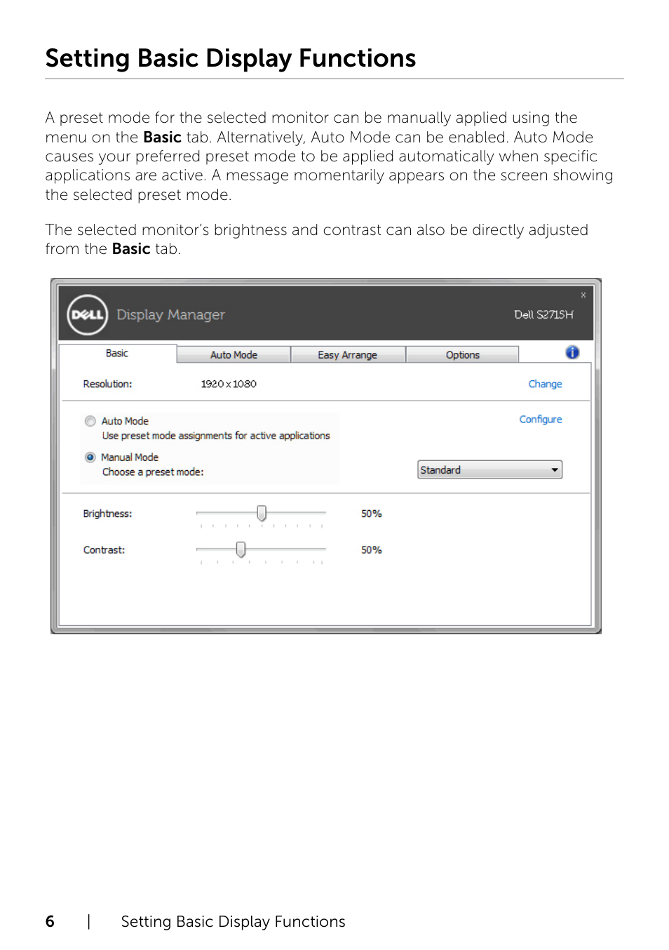 Setting basic display functions | Dell S2715H Monitor User Manual | Page 6 / 10