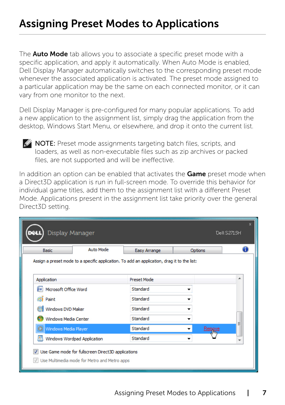 Assigning preset modes to applications | Dell S2715H Monitor User Manual | Page 7 / 10