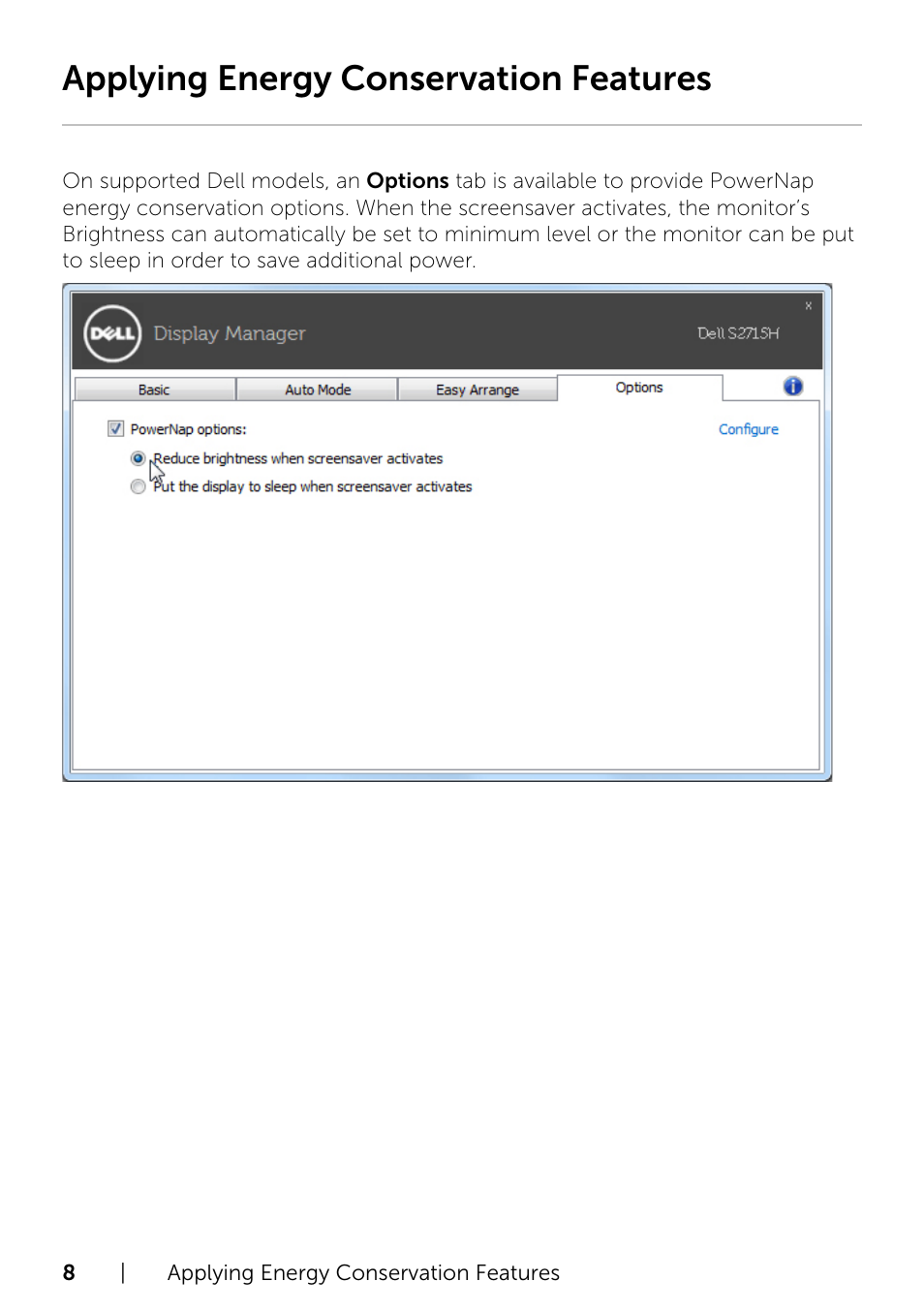 Applying energy conservation features | Dell S2715H Monitor User Manual | Page 8 / 10