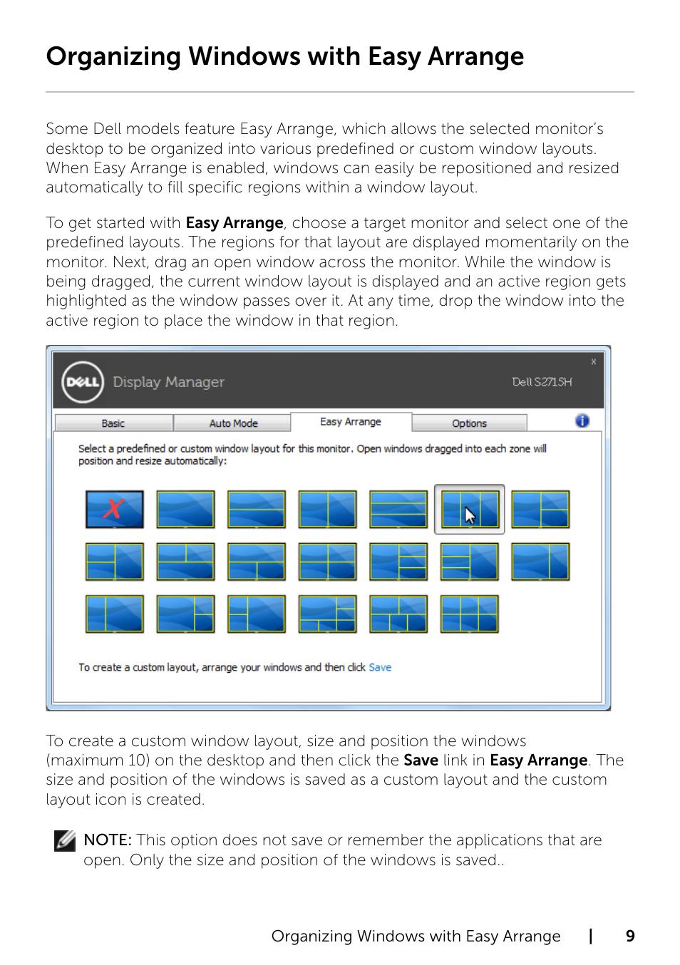 Organizing windows with easy arrange | Dell S2715H Monitor User Manual | Page 9 / 10