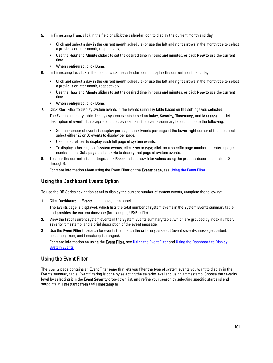 Using the dashboard events option, Using the event filter | Dell PowerVault DR6000 User Manual | Page 101 / 191