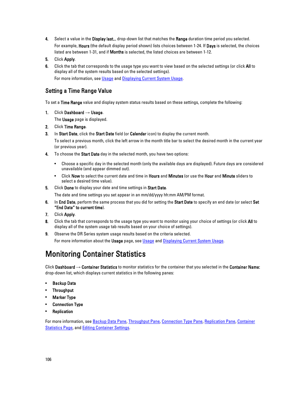 Setting a time range value, Monitoring container statistics | Dell PowerVault DR6000 User Manual | Page 106 / 191