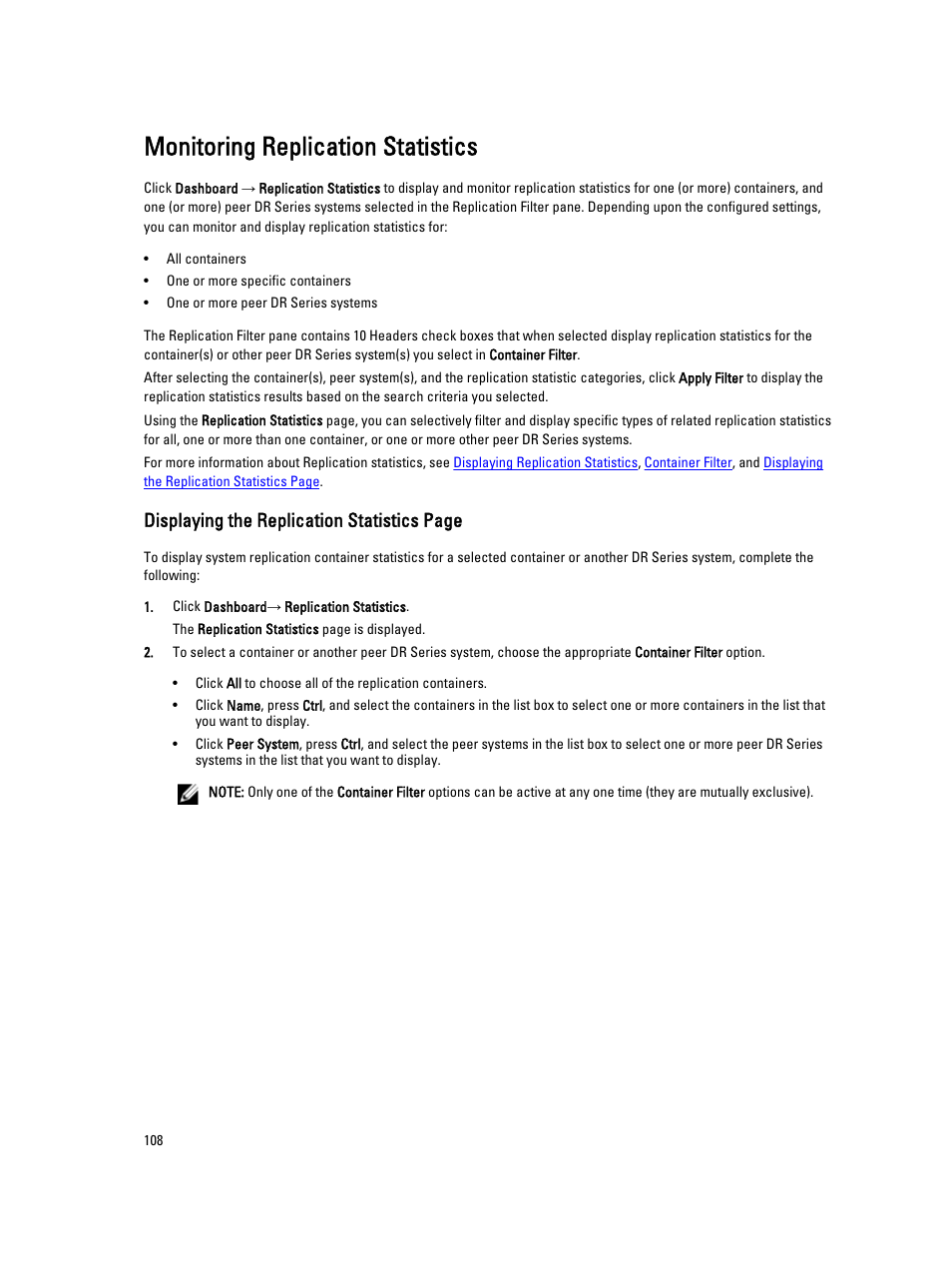 Monitoring replication statistics, Displaying the, Displaying the replication statistics page | Dell PowerVault DR6000 User Manual | Page 108 / 191
