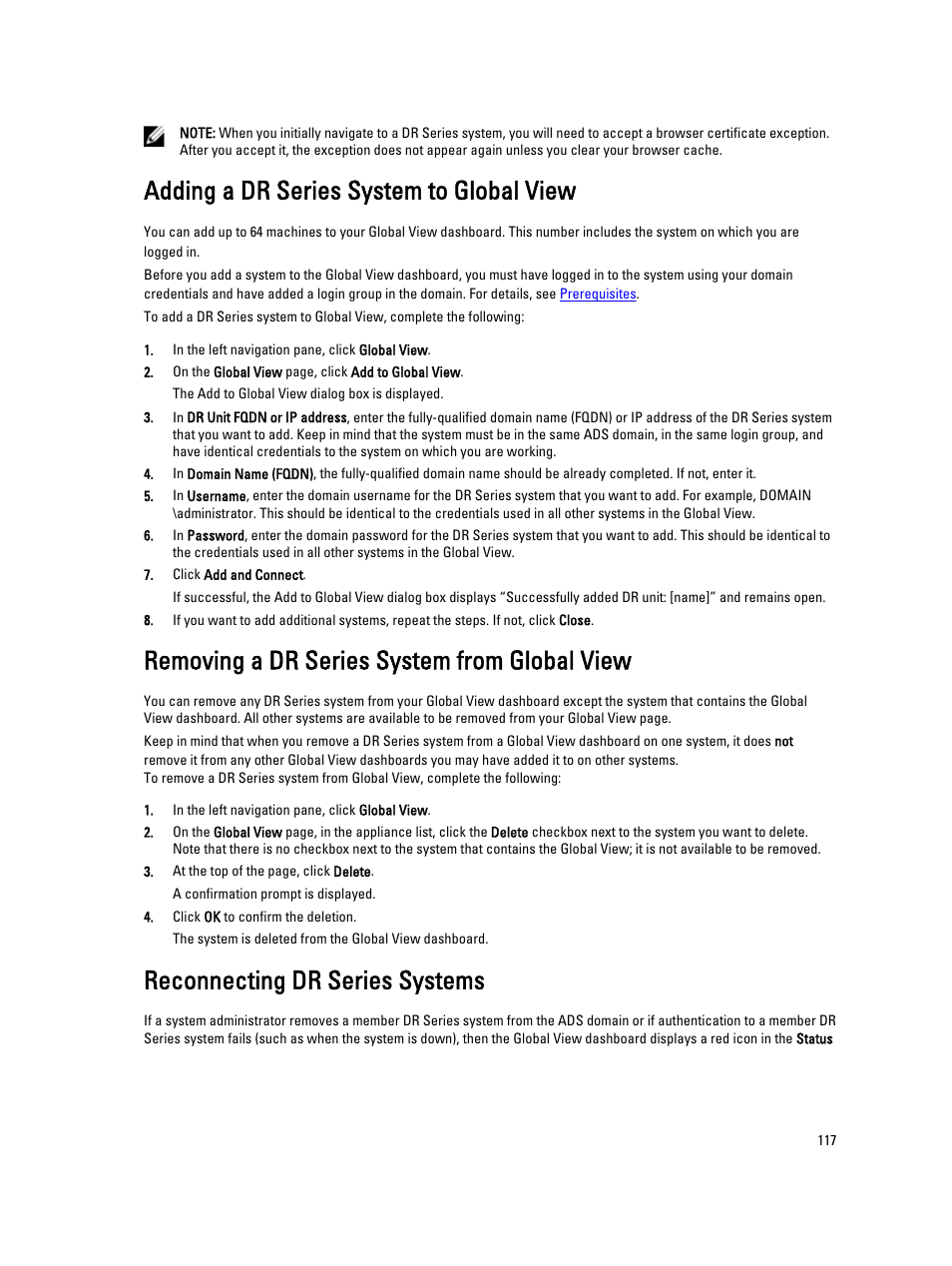 Adding a dr series system to global view, Removing a dr series system from global view, Reconnecting dr series systems | Adding a dr series system to global, View | Dell PowerVault DR6000 User Manual | Page 117 / 191