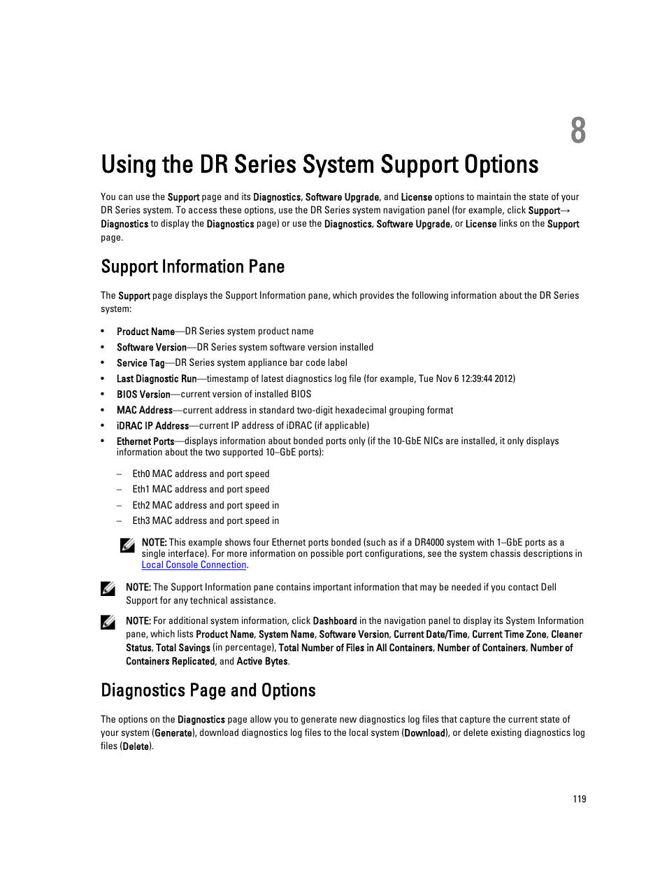 Using the dr series system support options, Support information pane, 8 using the dr series system support options | Diagnostics page and options | Dell PowerVault DR6000 User Manual | Page 119 / 191