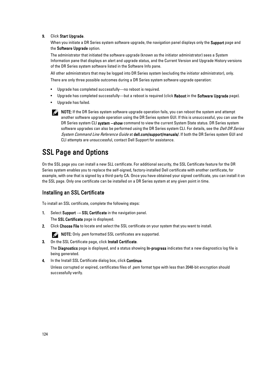Installing an ssl certificate, Ssl page and options | Dell PowerVault DR6000 User Manual | Page 124 / 191