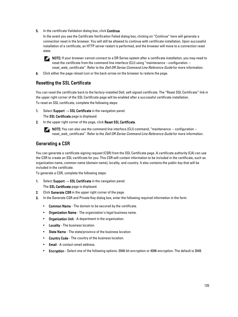 Resetting the ssl certificate, Generating a csr | Dell PowerVault DR6000 User Manual | Page 125 / 191