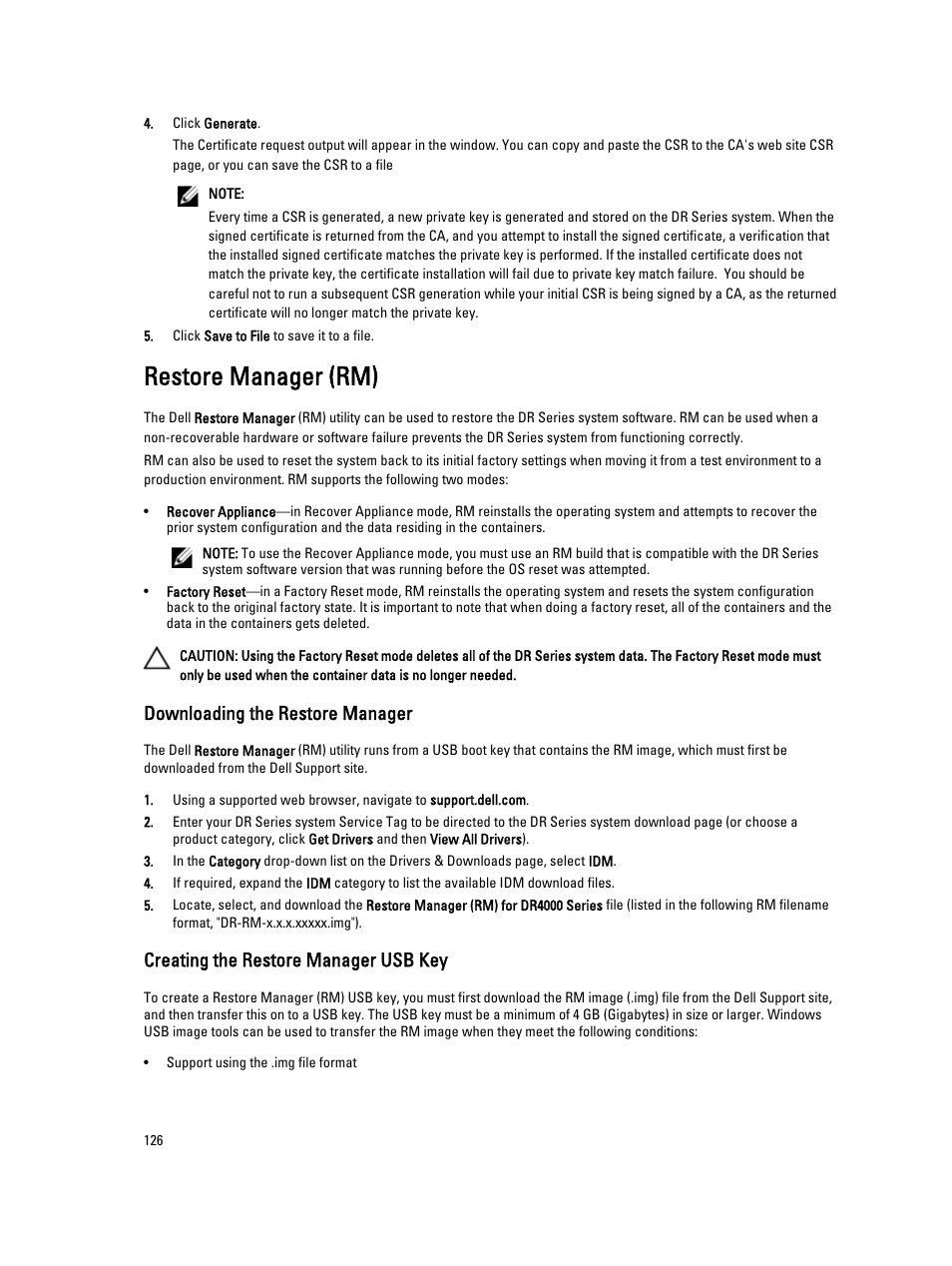 Restore manager (rm), Downloading the restore manager, Creating the restore manager usb key | Dell PowerVault DR6000 User Manual | Page 126 / 191