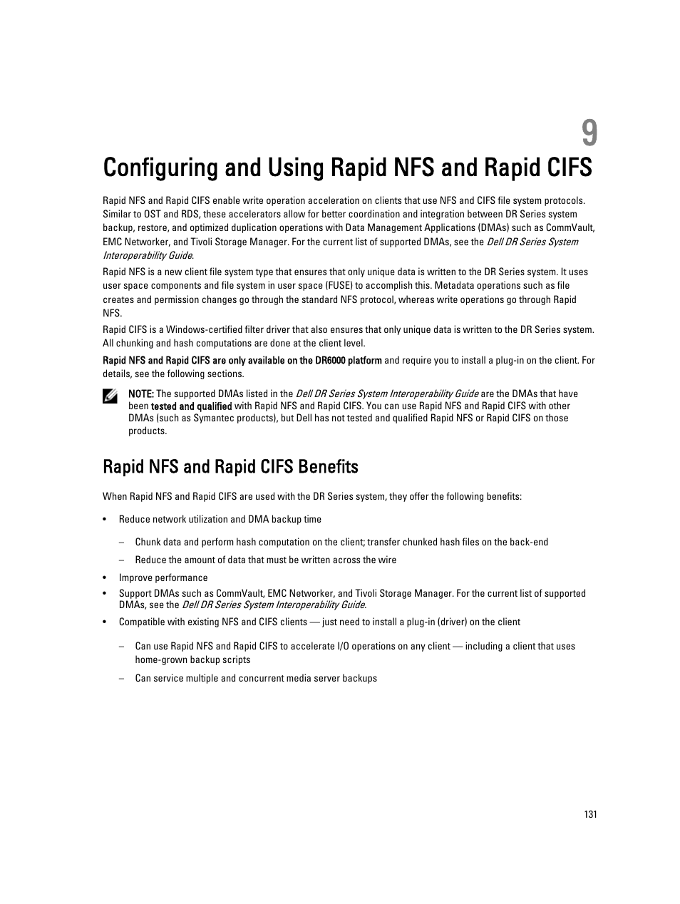 Configuring and using rapid nfs and rapid cifs, Rapid nfs and rapid cifs benefits, 9 configuring and using rapid nfs and rapid cifs | Dell PowerVault DR6000 User Manual | Page 131 / 191