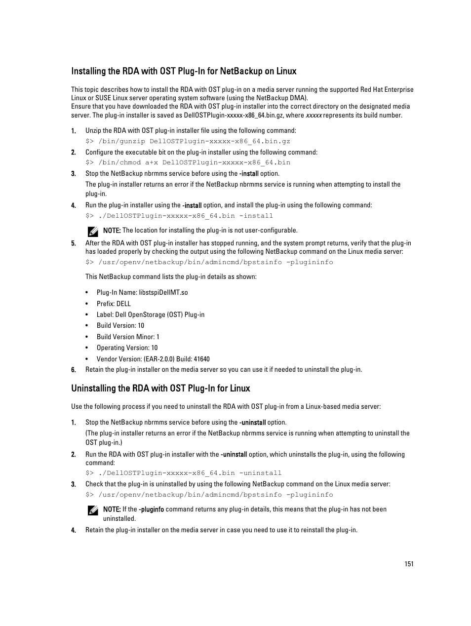 Uninstalling the rda with ost plug-in for linux | Dell PowerVault DR6000 User Manual | Page 151 / 191