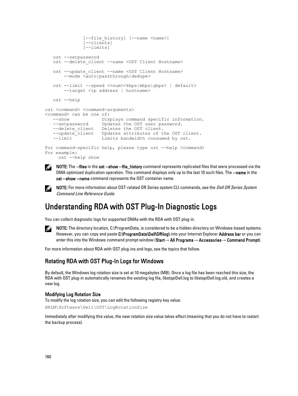 Understanding rda with ost plug-in diagnostic logs, Rotating rda with ost plug-in logs for windows | Dell PowerVault DR6000 User Manual | Page 160 / 191
