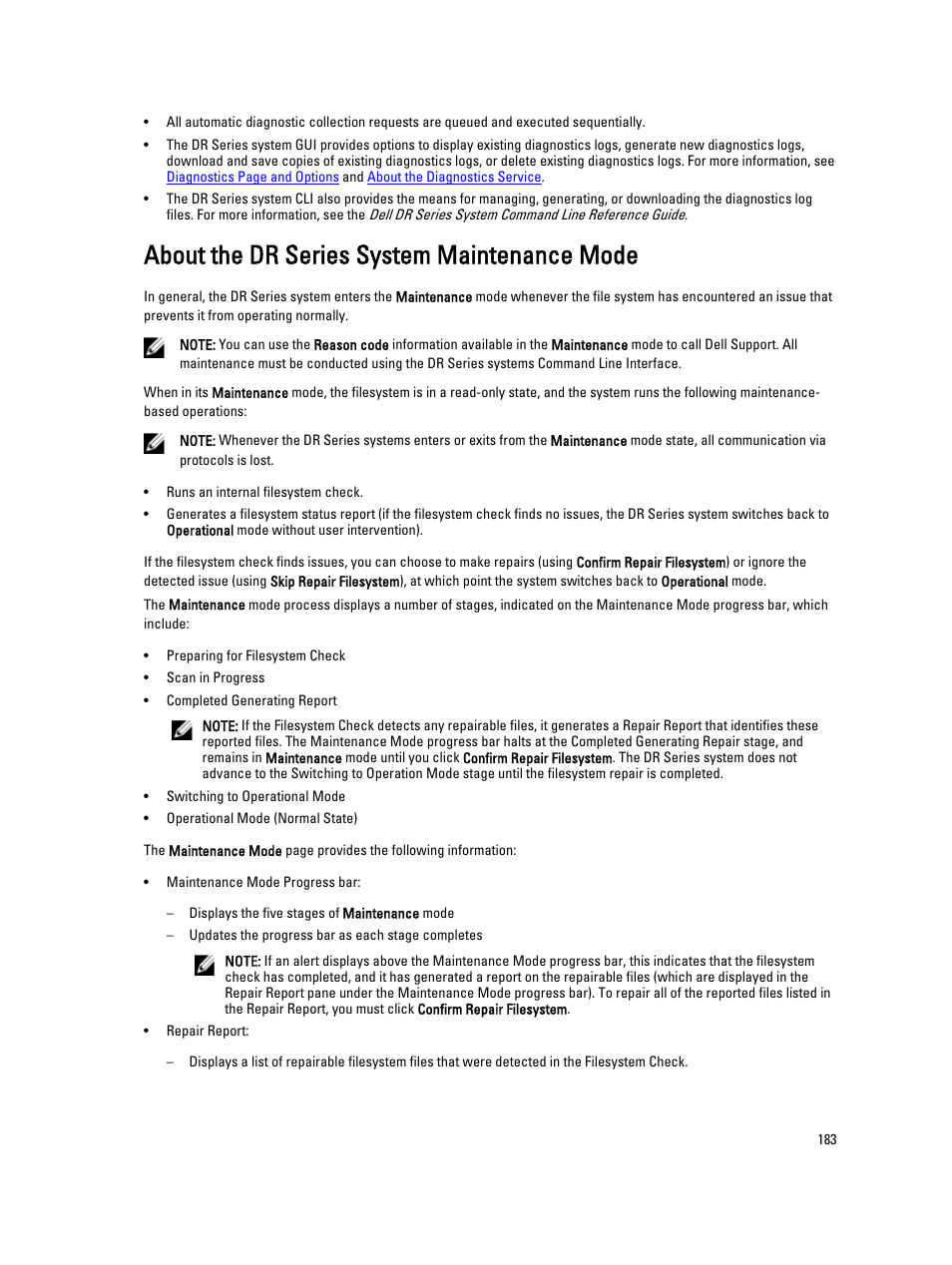 About the dr series system maintenance mode, About the dr series maintenance mode | Dell PowerVault DR6000 User Manual | Page 183 / 191