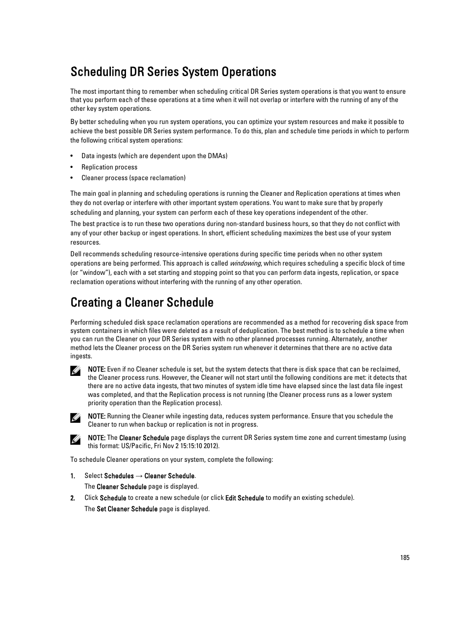 Scheduling dr series system operations, Creating a cleaner schedule, Operations, see | Creating a cleaner, Schedule | Dell PowerVault DR6000 User Manual | Page 185 / 191