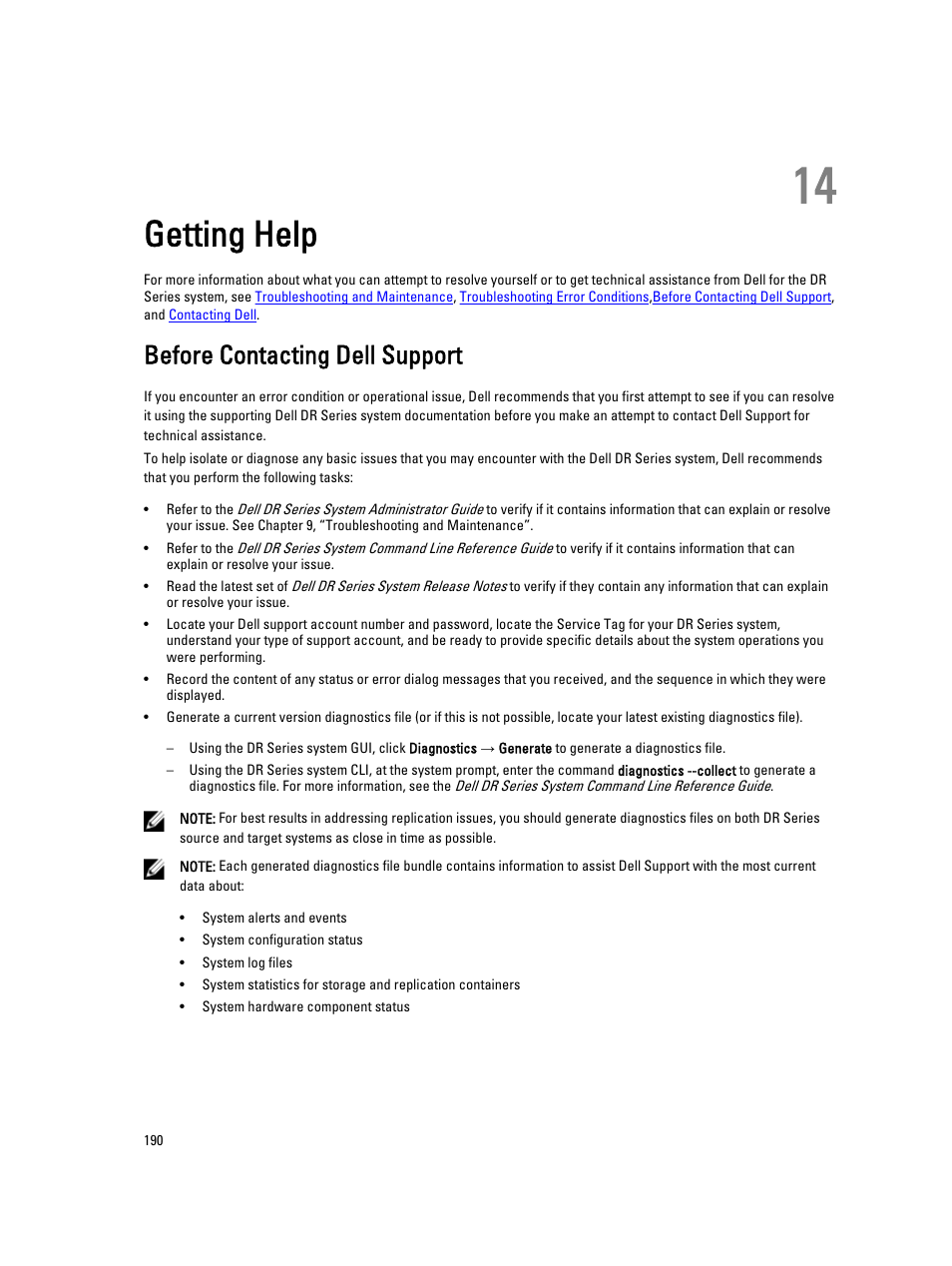 Getting help, Before contacting dell support, 14 getting help | Before, Contacting dell support | Dell PowerVault DR6000 User Manual | Page 190 / 191